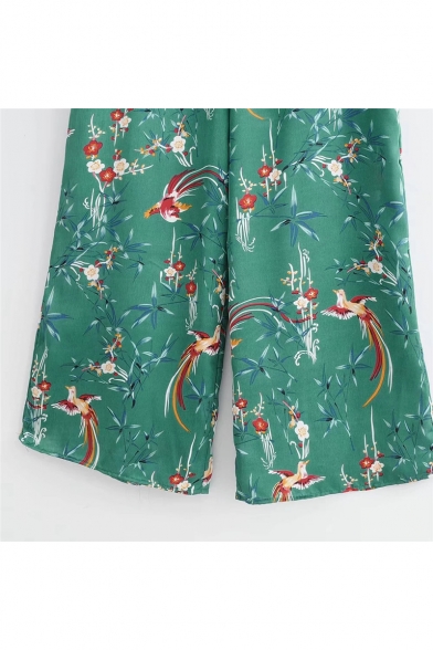 Womens Hot Trendy Straps V Neck Sleeveless Tie Shoulder Phoenix Plum Blossom Printed Green Jumpsuits