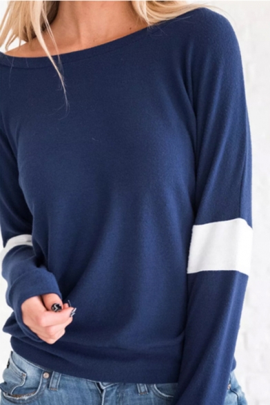 Womens New Stylish Colorblock Long Sleeve Round Neck Plain Navy T-Shirt