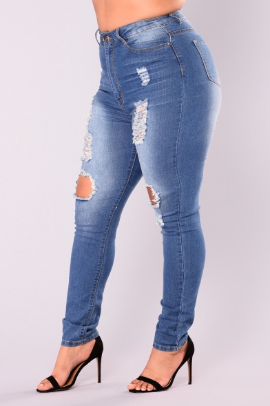 Womens Plus Size Fashion Blue Distressed Ripped Knee Cut Skinny Fit Denim Jeans