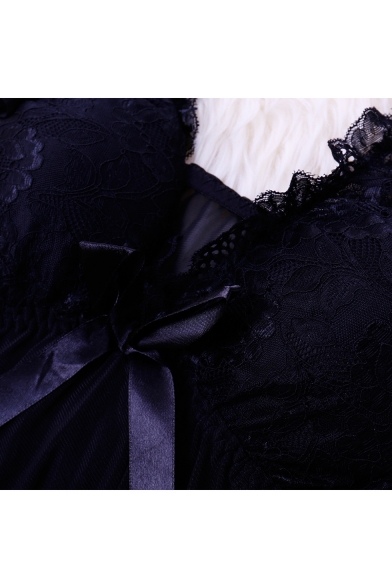 Womens Sexy Black Sheer Eyelash Lace Patched Plunging V-Neck Sleeveless Mini A-Line Dress Sleepwear