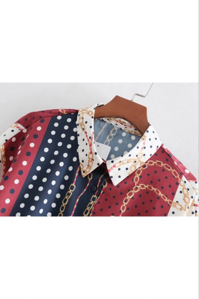 Womens Stylish Chain Pattern Long Sleeve Button Down Loose Casual Shirt