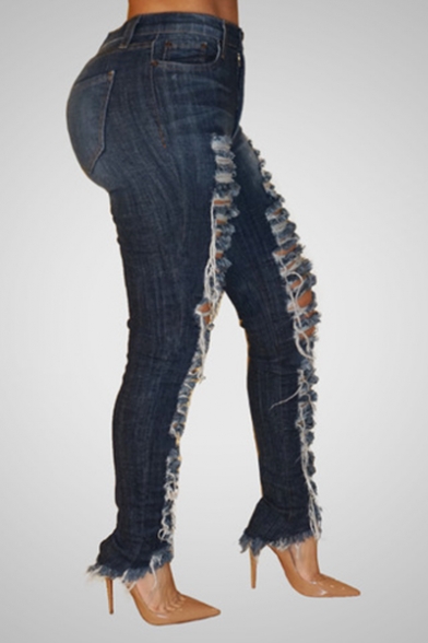 Womens Stylish Dark Blue Sexy Distressed Ripped Hole Skinny Fit Jeans