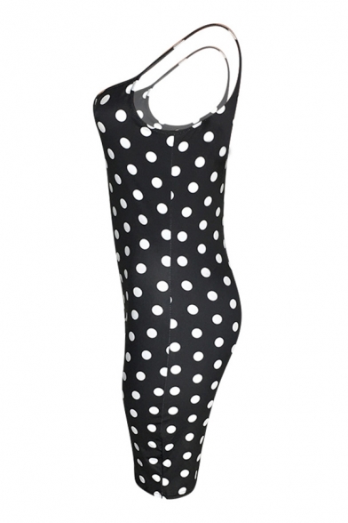 Womens Summer Fashion Black Polka Dot Printed Sleeveless Strap Skinny Fit Romper