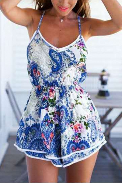Womens Summer Stylish Boho Plunge V-Neck Straps White Floral Print Sleeveless Gather Waist Holiday Rompers
