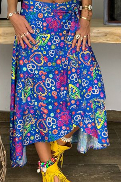 Womens Summer Stylish Floral Print Split Front Tied Waist Maxi Beach Skirt