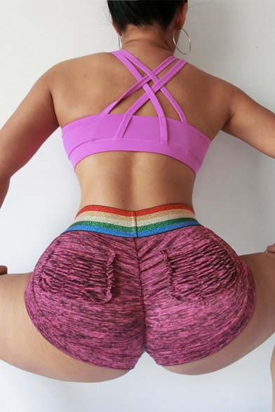 Womens Trendy Rainbow Striped Waist Pleated Back Skinny Fit Yoga Shorts
