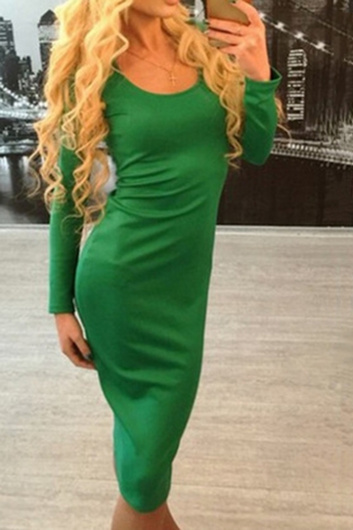Womens Trendy Simple Plain Scoop Neck Long Sleeve Hollow Lace-Up Back Midi Bodycon Pencil Dress