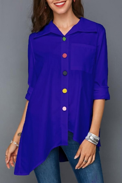 Womens Unique Funny Colorful Button Front Spread Collar Long Sleeve Asymmetrical Hem Shirt