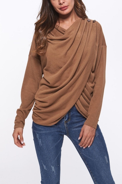Womens Unique Simple Plain Pleated Crossover Patched Long Sleeve Casual T-Shirt