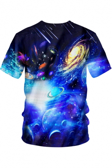 3D Blue Whirlpool Universe Galaxy Printed Round Neck Short Sleeve T-Shirt