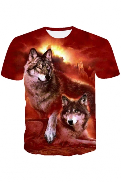 3D Double Wolf Print Red Round Neck Short Sleeve T-Shirt