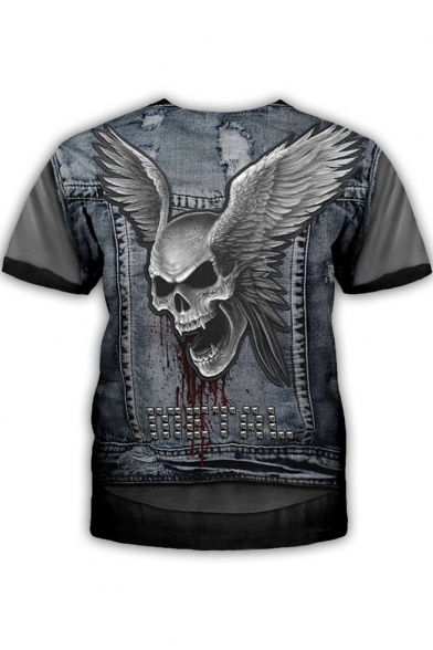 Blood Skull Denim 3D Pattern Round Neck Short Sleeve Grey T-Shirt