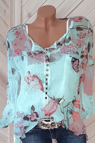 Chic Floral Printed Button V-Neck Loose Leisure Chiffon Blouse Shirt