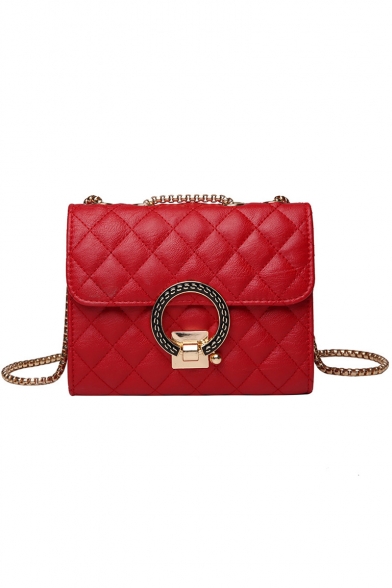 Chic Solid Color Diamond Check Quilted Metal Ring Buckle Square Crossbody Shoulder Bag 19*15*9 CM