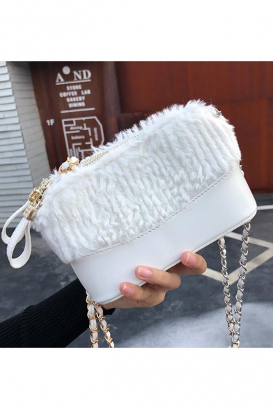Chic Solid Color Plush Patched Chain Strap Crossbody Shoulder Bag for Women 18*12*6 CM