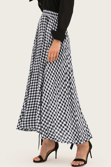Classic Black and White Plaid Printed High Waist Maxi Beach Flowy Flared Skirt