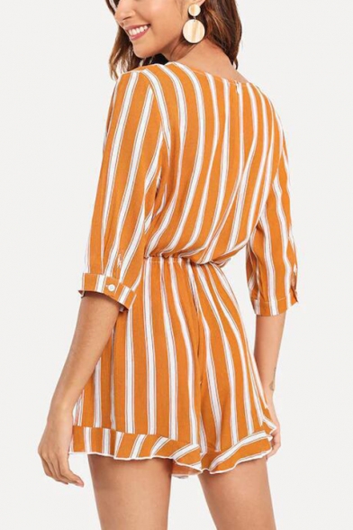 Fancy Summer Womens Striped Print Plunge V Neck Half Sleeve Casual Romper