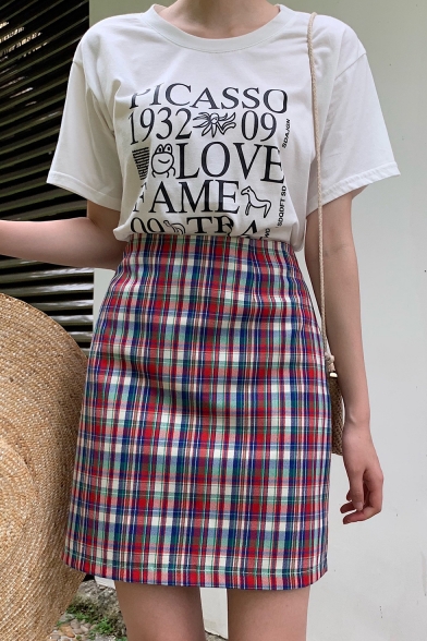 Fashion Girls Spring Summer Rainbow Check Print Mini Fitted Skirt