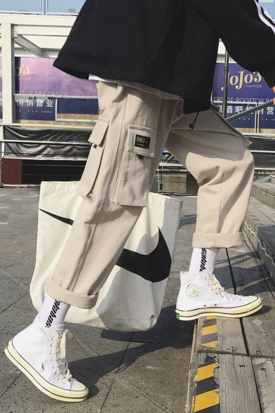Fashion Letter Patchwork Multi-pocket Rolled Hem Straight-leg Casual Cargo Pants