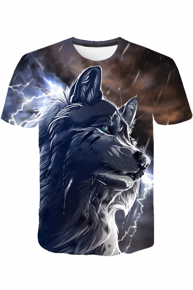 Fashion Lightning Wolf 3D Printing Round Neck Short Sleeve T-Shirt