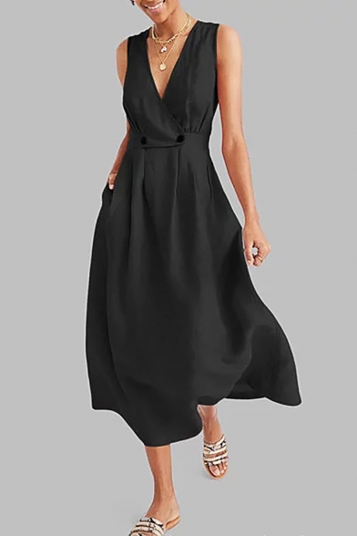 Fashion Simple Plain Surplice V-Neck Sleeveless Double-Button Waist Maxi A-Line Dress