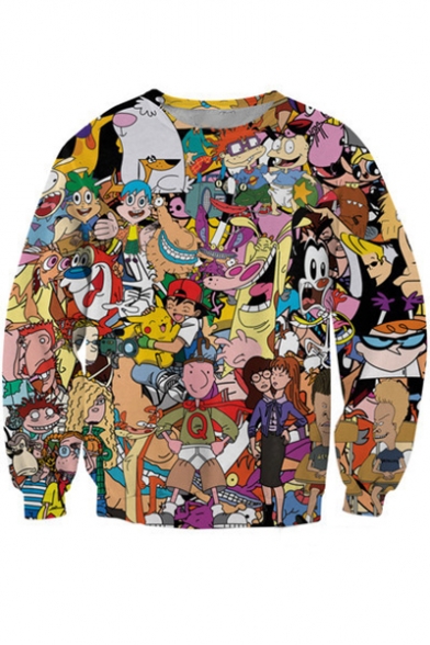 Funny 3D Cartoon Character Printed Round Neck Long Sleeve Pullover Sweatshirt