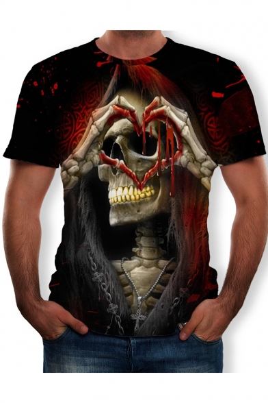 Funny Blood Heart Skull Figure 3D Printed Round Neck Short Sleeve Tee