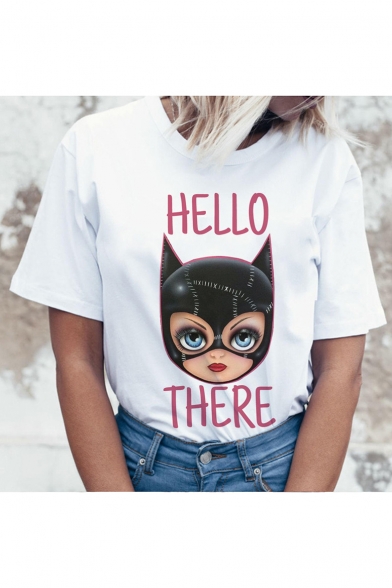 Funny Cartoon Letter HELLO THERE Print Round Neck Short Sleeve White Tee