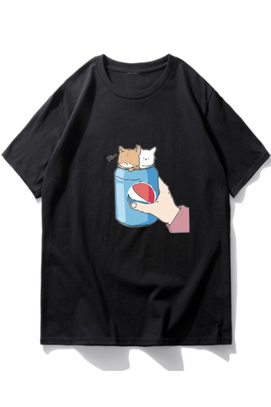Funny Cute Cartoon Can Cat Pattern Basic Round Neck Casual Unisex T-Shirt