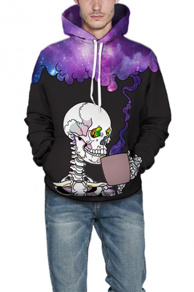Funny Skull with Drink Purple Galaxy Smog 3D Print Casual Loose Unisex Hoodie