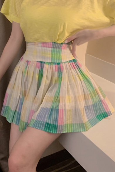 Girls Colorful Plaid Printed High Waist Mini A-Line Pleated Skirt