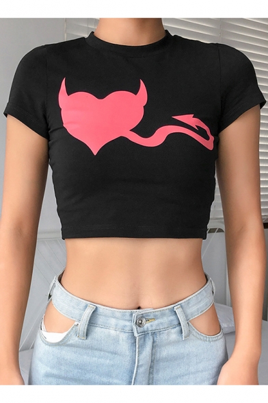 

Girls Cool Unique Heart Monster Printed Short Sleeve Black Fitted Crop Tee, LM547997