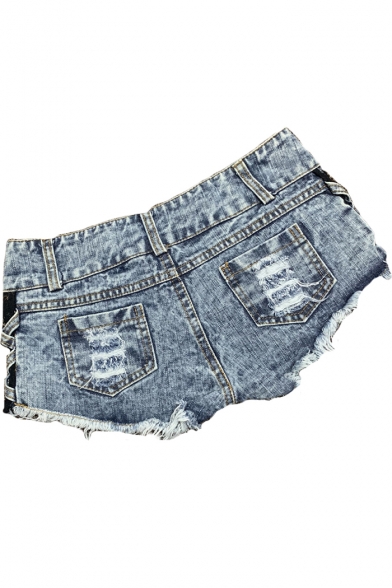 Girls Light Blue Sexy Low-Rise Fringed Hem Zipper Embellished Hot Pants Denim Shorts
