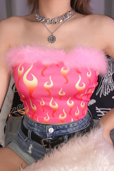 Girls Pink Fire Print Fur-Trimmed Strapless Cropped Bandeau Top