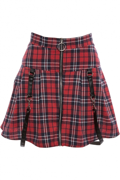 Girls Stylish Street Fashion Zipper-Fly Red Check Printed Ribbon Embellished Mini A-Line Skirt