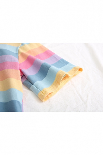 Girls Summer Popular Rainbow Striped Print Round Neck Short Sleeve Tee with Bag