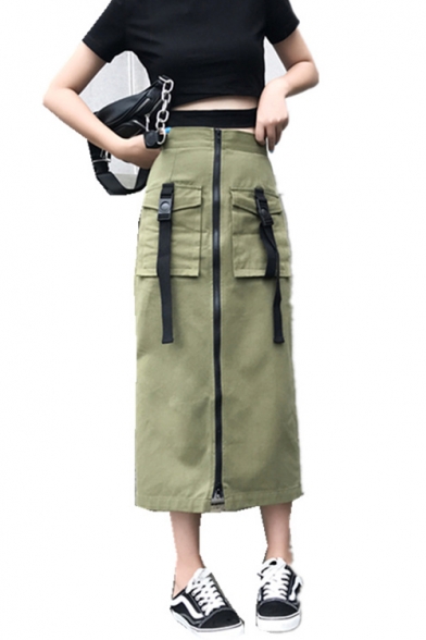 Girls Trendy Army Green Military Style High Rise Buckled Pocket Zipper Front Maxi Tube Skirt