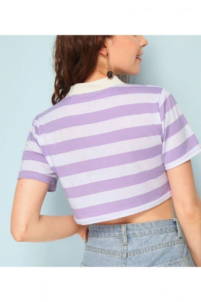 Girls Trendy Purple Striped Printed Short Sleeve Turn-Down Collar Casual Crop Polo Shirt