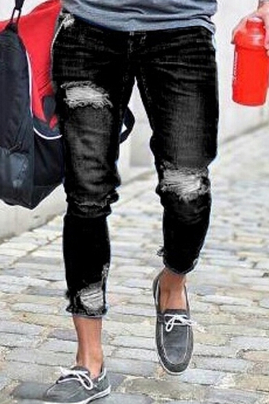 Guys Cool Fashion Solid Color Knee Cut Slim Ripped Jeans