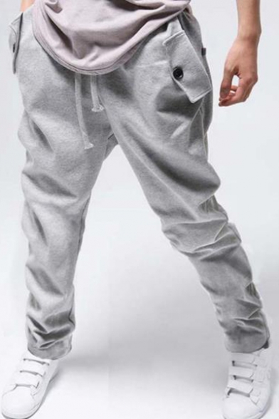 Guys Hot Fashion Solid Color Baggy Low Crotch Sweatpants Harem Pants with Side Pockets