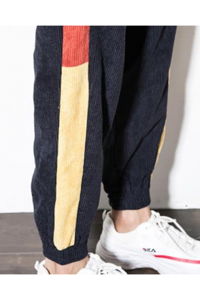 Guys New Fashion Colorblock Patched Drawstring Waist Elastic Cuffs Casual Corduroy Carrot Pants