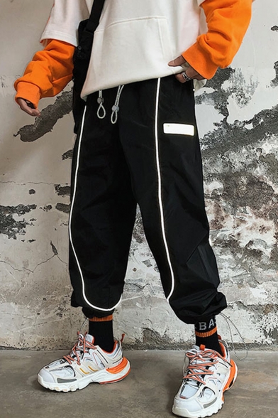 Guys New Fashion Contrast Reflective Strip Design Drawstring Waist Street Style Casual Loose Track Pants