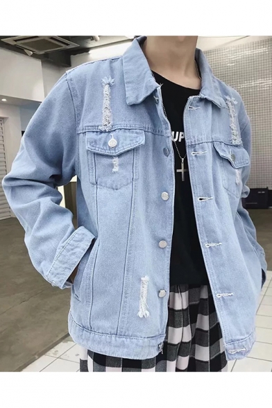 Guys Trendy Light Blue Destroyed Ripped Button Down Casual Denim Jacket
