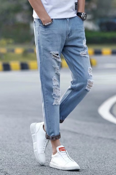 Guys Trendy Light Blue Regular Fit Rolled Cuffs Distressed Ripped Jeans