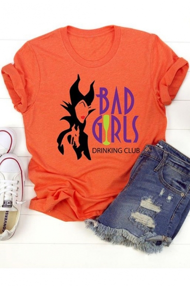 Halloween Fashion Letter BAD GIRLS Print Short Sleeve Orange T-Shirt