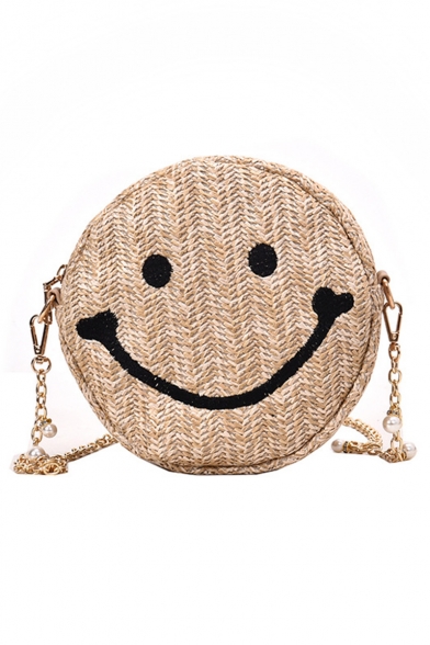 Hot Fashion Smiley Face Embroidery Pattern Round Straw Crossbody Bag with Chain Strap 20*20*7 CM