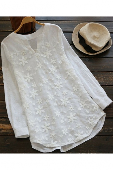 Hot Popular Chic Lace Embroidery V-Neck Long Sleeve Loose Fit Blouse for Women