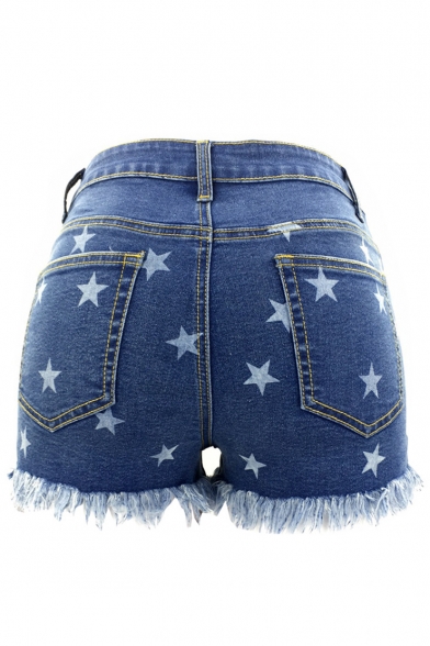 Hot Popular Fashion Allover Star Printed Frayed Hem Hot Pants Denim Shorts