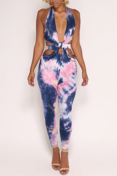 Hot Popular Womens Halter Plunge V Neck Sleeveless Backless Cutout Tie Dye Jumpsuits