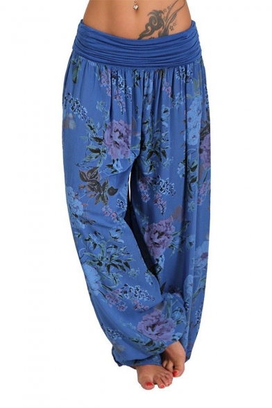Vintage Elastic Waist Floral Printed Wide Leg Bloomer Pants